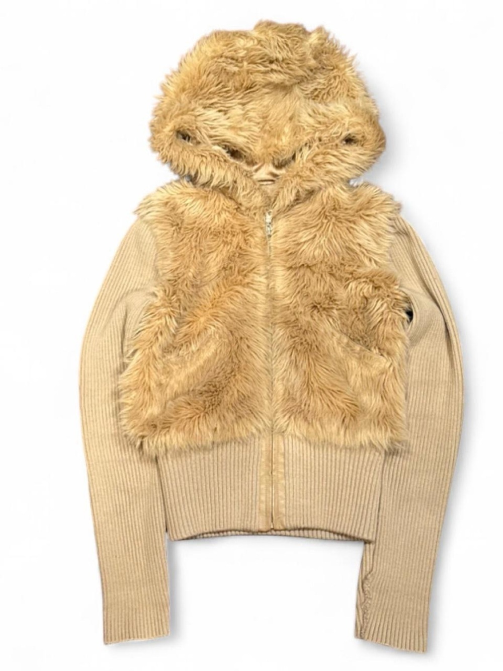 Y2K Aldo Faux Fur Ribbed Knit Slim Zip Up Hoodie